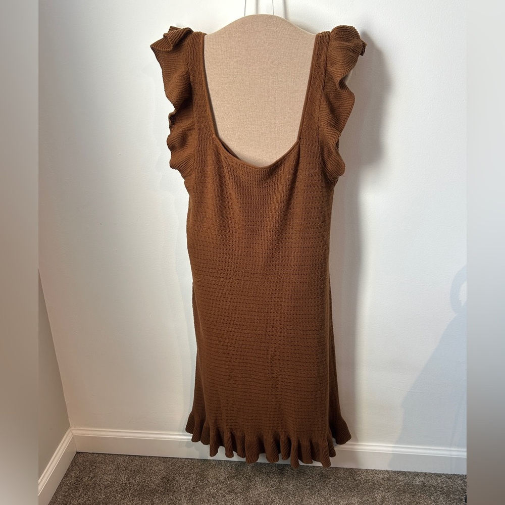 House of Harlow 1960 XL Brown Summer Knit Ruffle Sleeve Dress Crochet Ruffle Hem